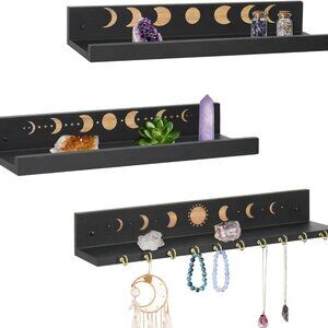 Crystal Shelf Moon Shelf Black Wood Floating Shelves Wall Mount Set of 3